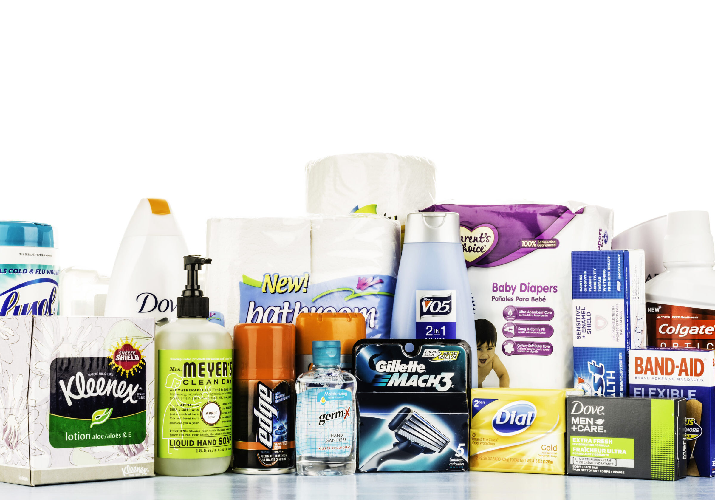 "Suffolk, Virginia, USA - November 3, 2012: A horizontal studio shot of an assortment of American manufacturers' toiletries and hygiene products. Shown in the image are: antibacterial wipes, tissues, liquid soap, shower wash, toilet paper, paper towel, razor heads, shaving gel, soap, shampoo, band aids, diapers, toothpaste and more. Shot against a white background."